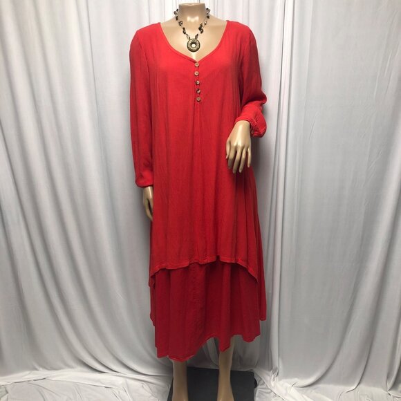 Zanzea Dress Womens Size 8 Red Layered Long Sleeve V Neck Boho Hippie Lagenlook - Picture 1 of 7